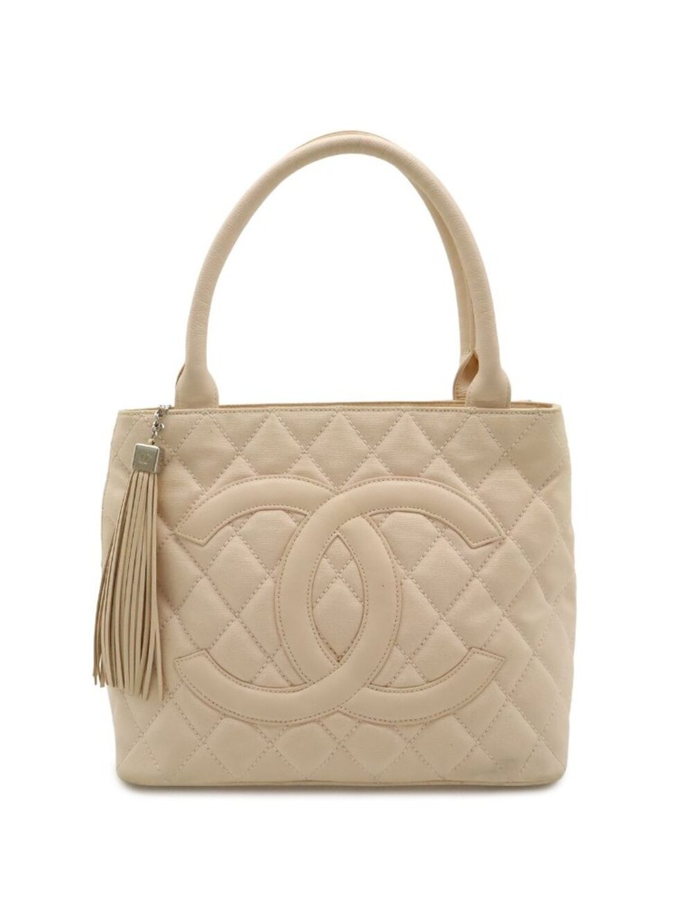 Chanel Quilted CC Logo Medallion Tote Shoulder Bag Canvas Leather Pink Gold